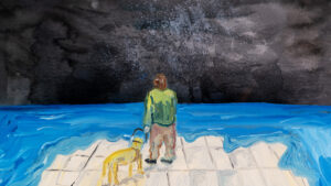 A painting of a woman standing with her golden retriever guide dog. They stand at the edge of a white tiled island, surrounded by blue water. The sky is black with stars.