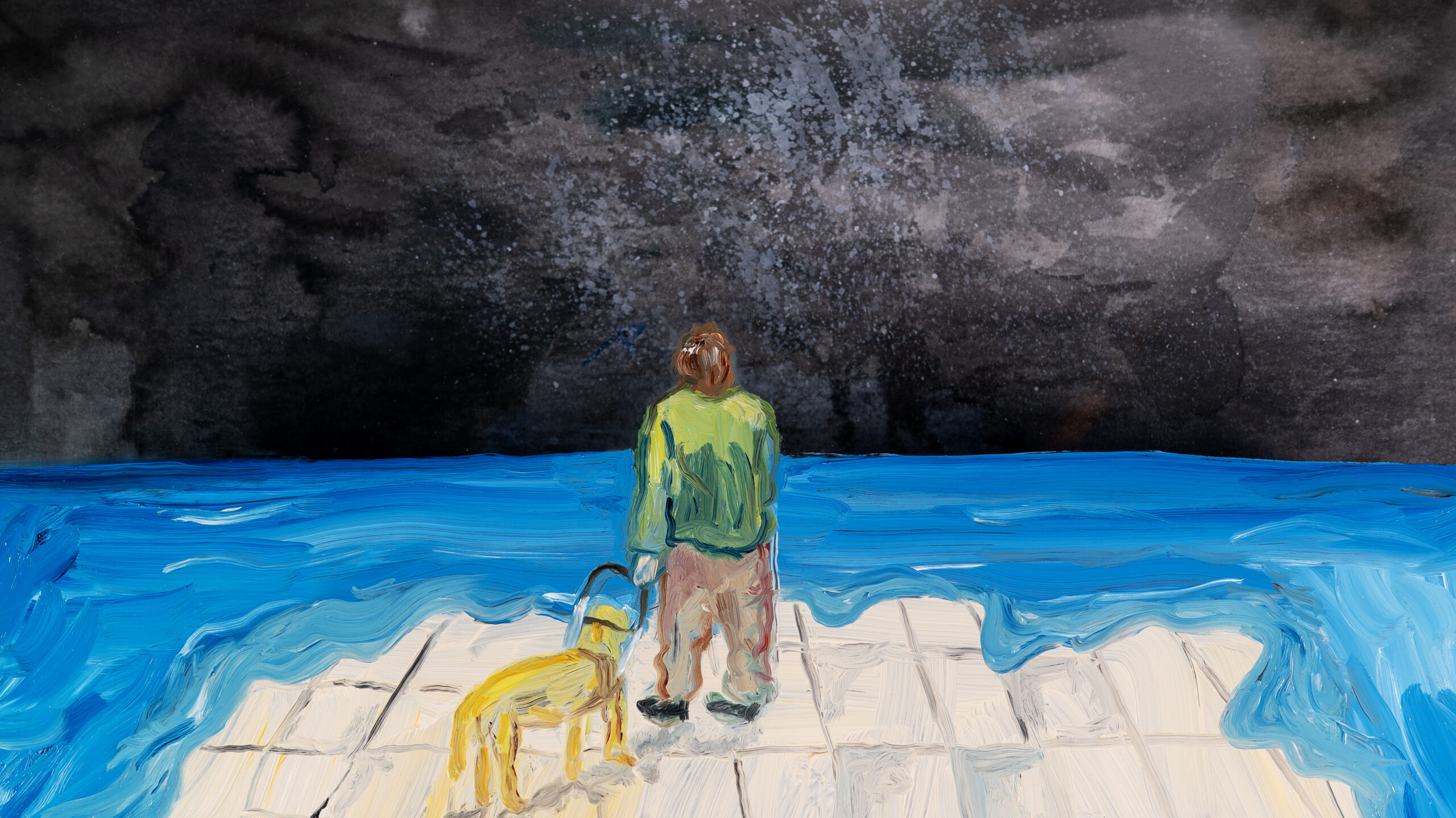 A painting of a woman standing with her golden retriever guide dog. They stand at the edge of a white tiled island, surrounded by blue water. The sky is black with stars.